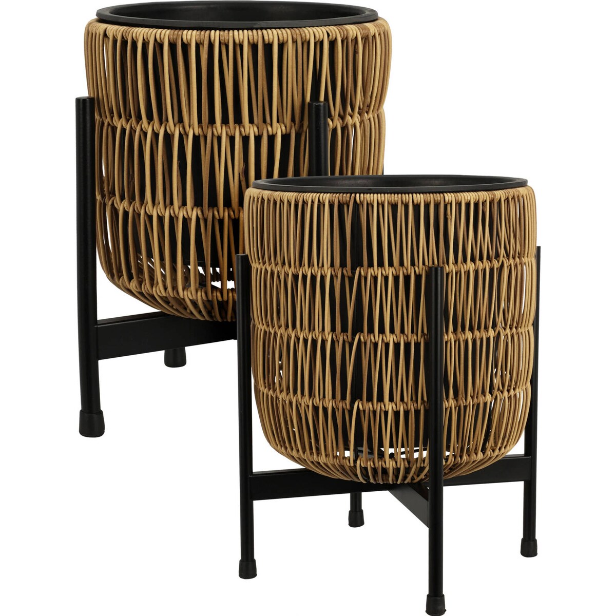 Doniczki na nóżkach metalowych, osłonki z technorattanu, 2 sztuki