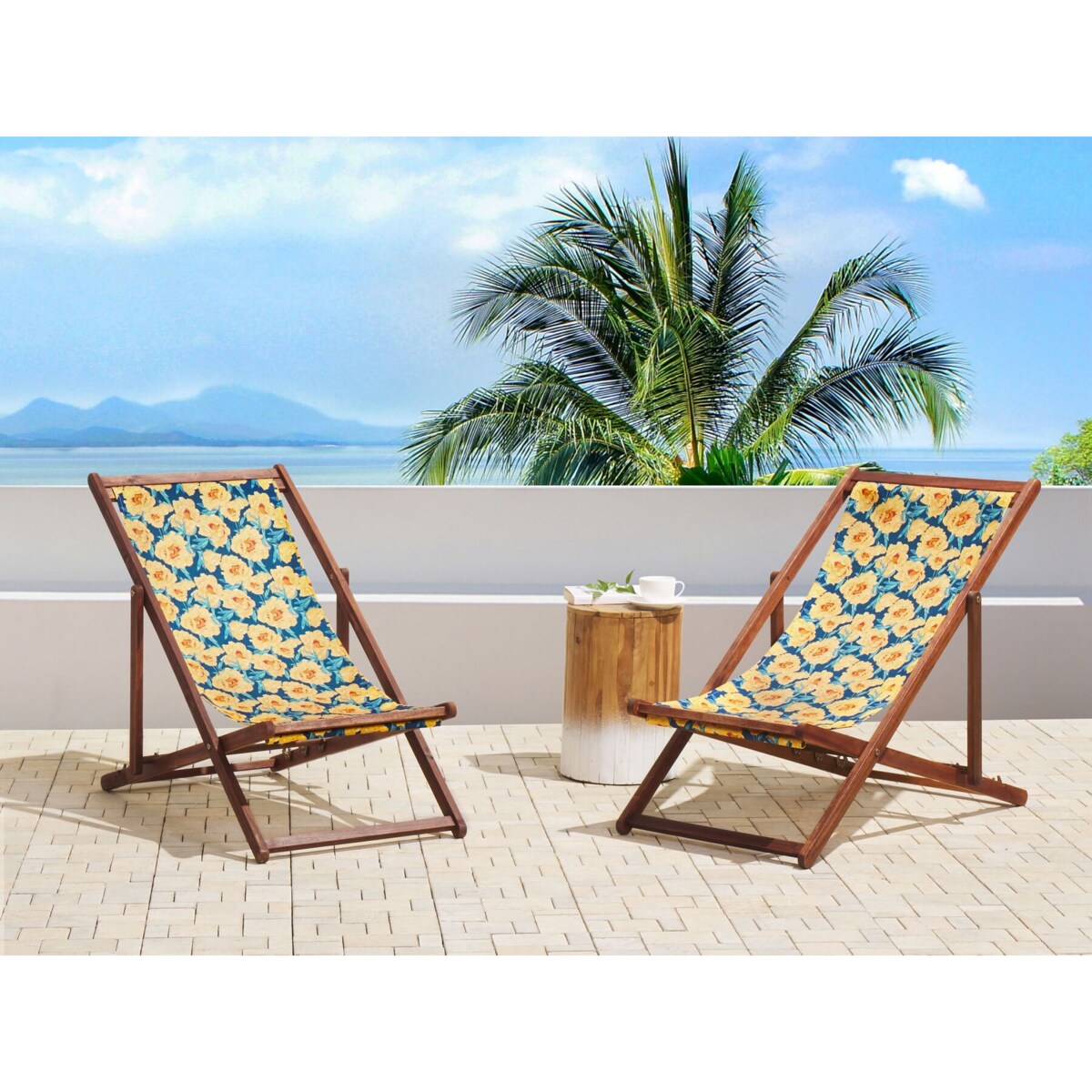 Zestaw 2 leżaków ogrodowych ciemne drewno akacjowe wzór w kwiaty żółty ANZIO