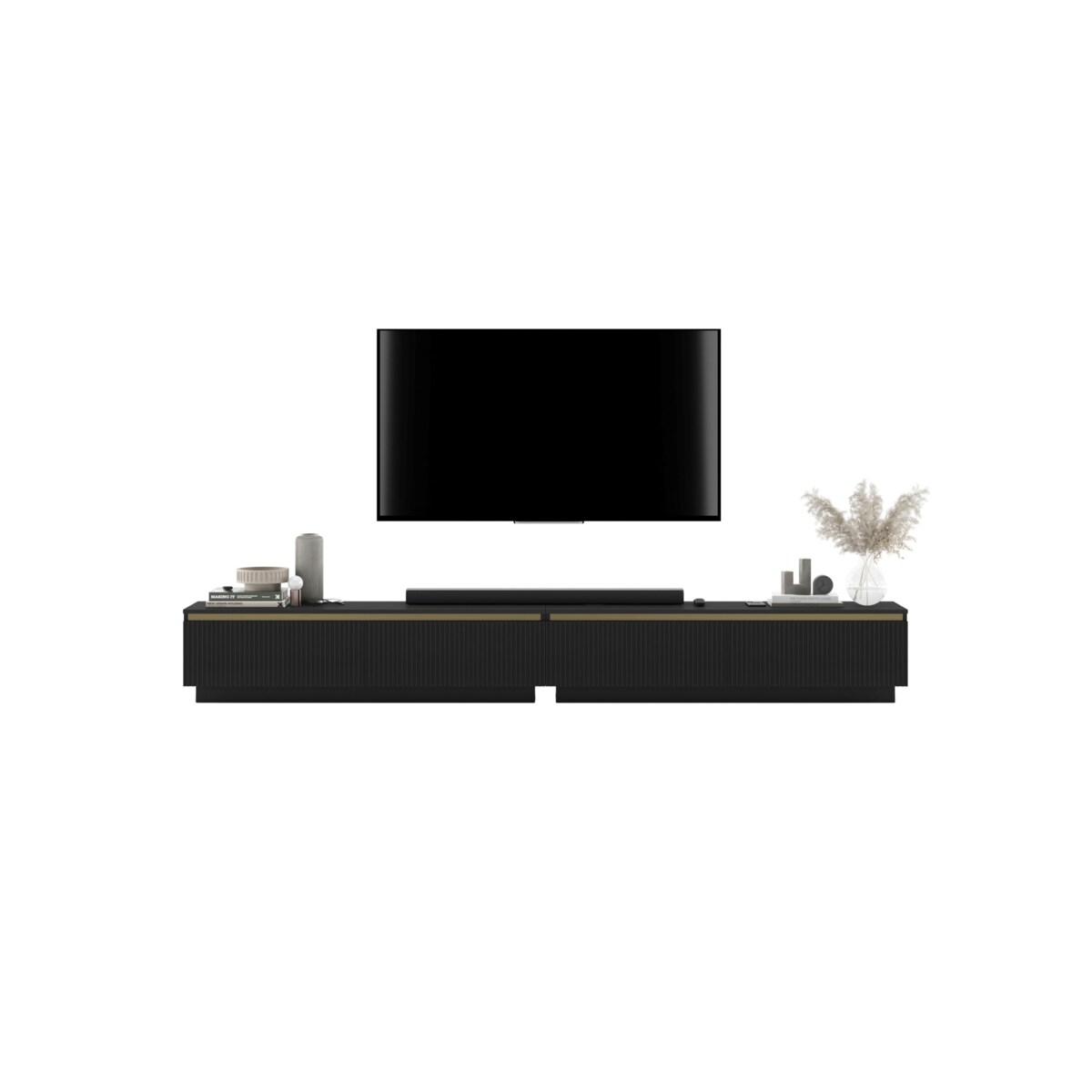 Nowoczesna Szafka RTV Glamour Komoda RTV Czarny Mat 280 cm ryflowane fronty