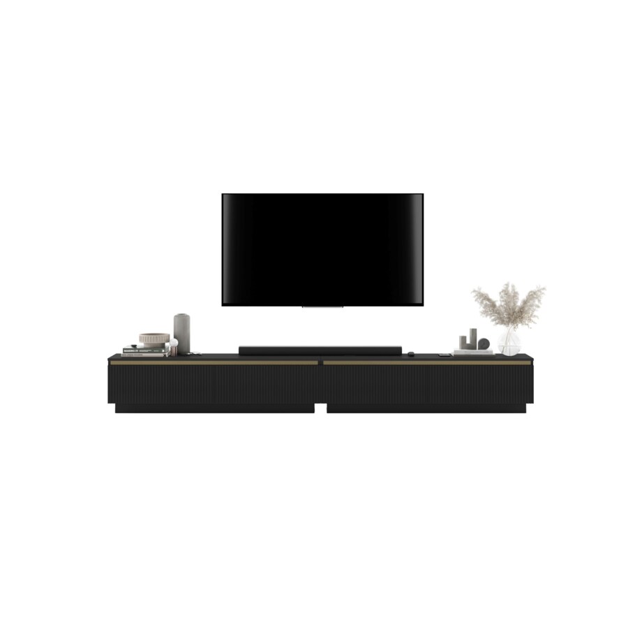 Nowoczesna Szafka RTV Glamour Komoda RTV Czarny Mat 280 cm ryflowane fronty