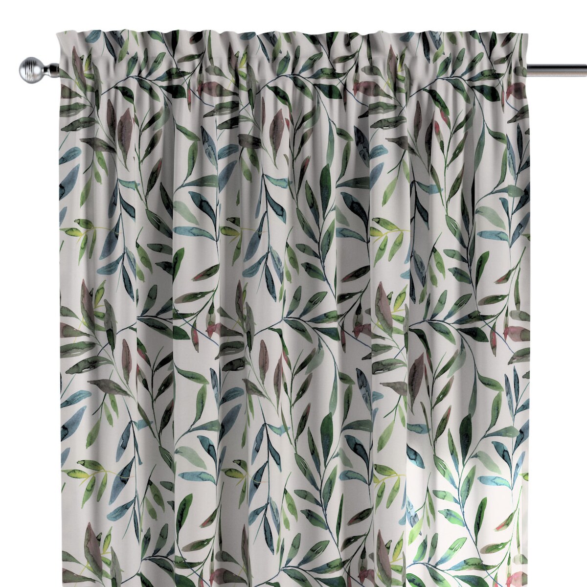 Zasłona na kanale z grzywką 1 szt. 130x245 zielone gałązki na białym tle