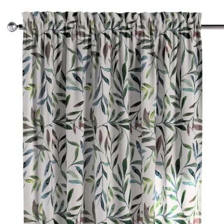 Zasłona na kanale z grzywką 1 szt. 130x245 zielone gałązki na białym tle