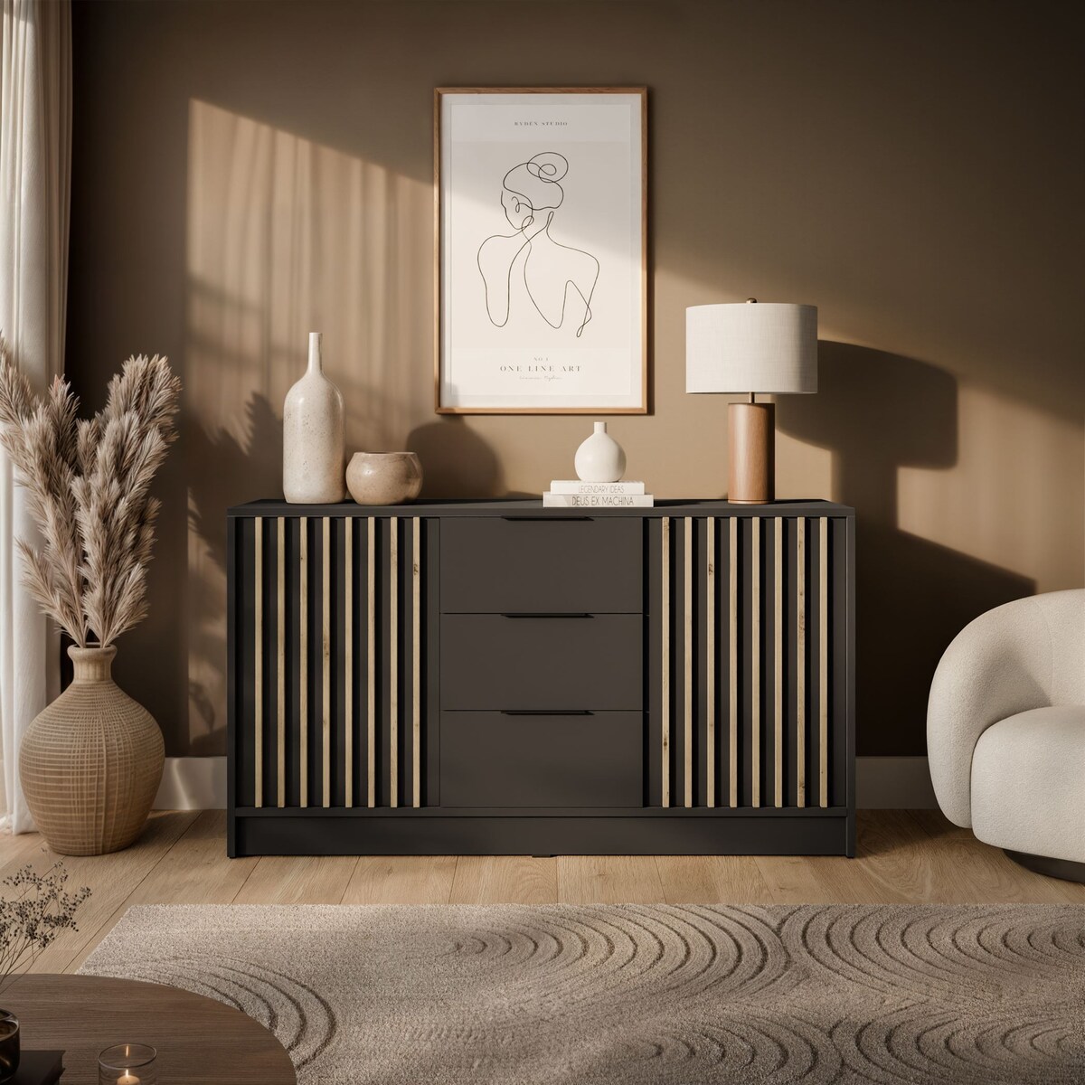 Dwudrzwiowa komoda NELA z lamelami, grafit + dąb artisan