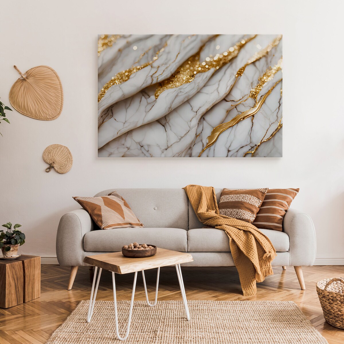 OBRAZ DO SYPIALNI BIAŁY NOWOCZESNY MARMUR ELEMENTY ZŁOTA 120x80cm