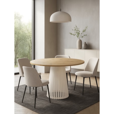 Stół VIV okrągły z lamelami, blat 110 cm dąb craft złoty -podstawa kaszmir