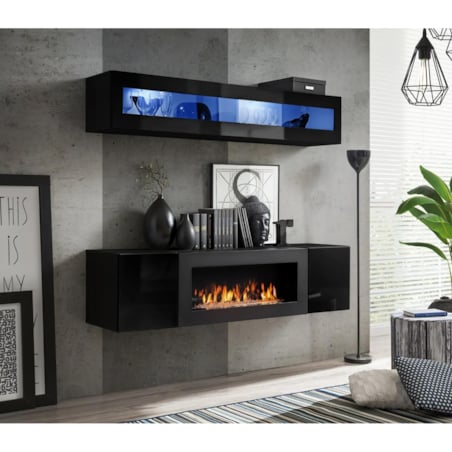 Meblościanka FLY N2 czarny połysk/czarny mat z biokominkiem