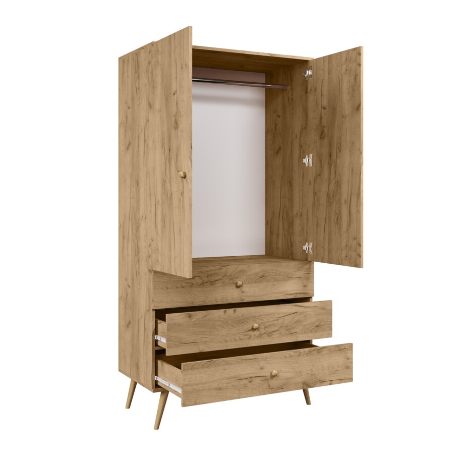 Szafa z szufladami i drążkiem w stylu Boho - Dąb Craft złoty