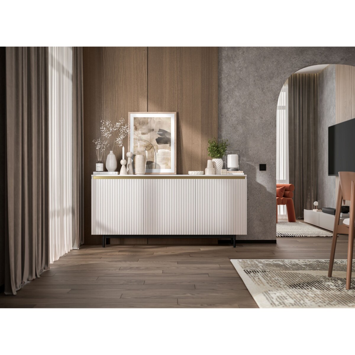 Komoda RTV Glamour 167 cm biała matowa ryflowane fronty czarna rama