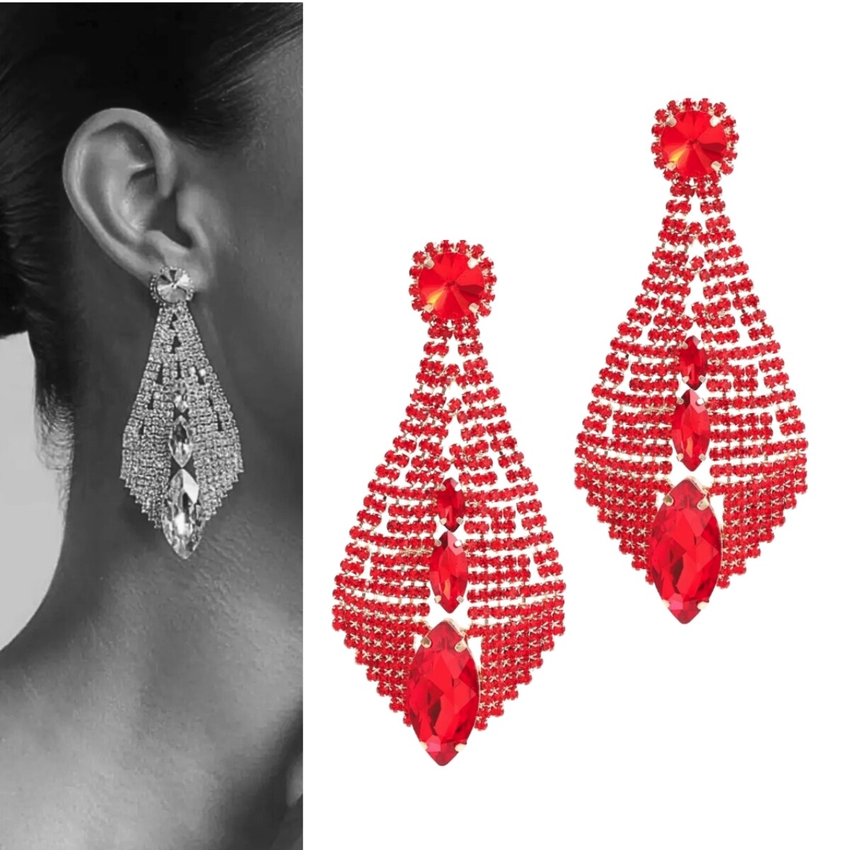 Długie efektowne czerwone złote kolczyki szykowne ELEGANCKI XXL duże długie