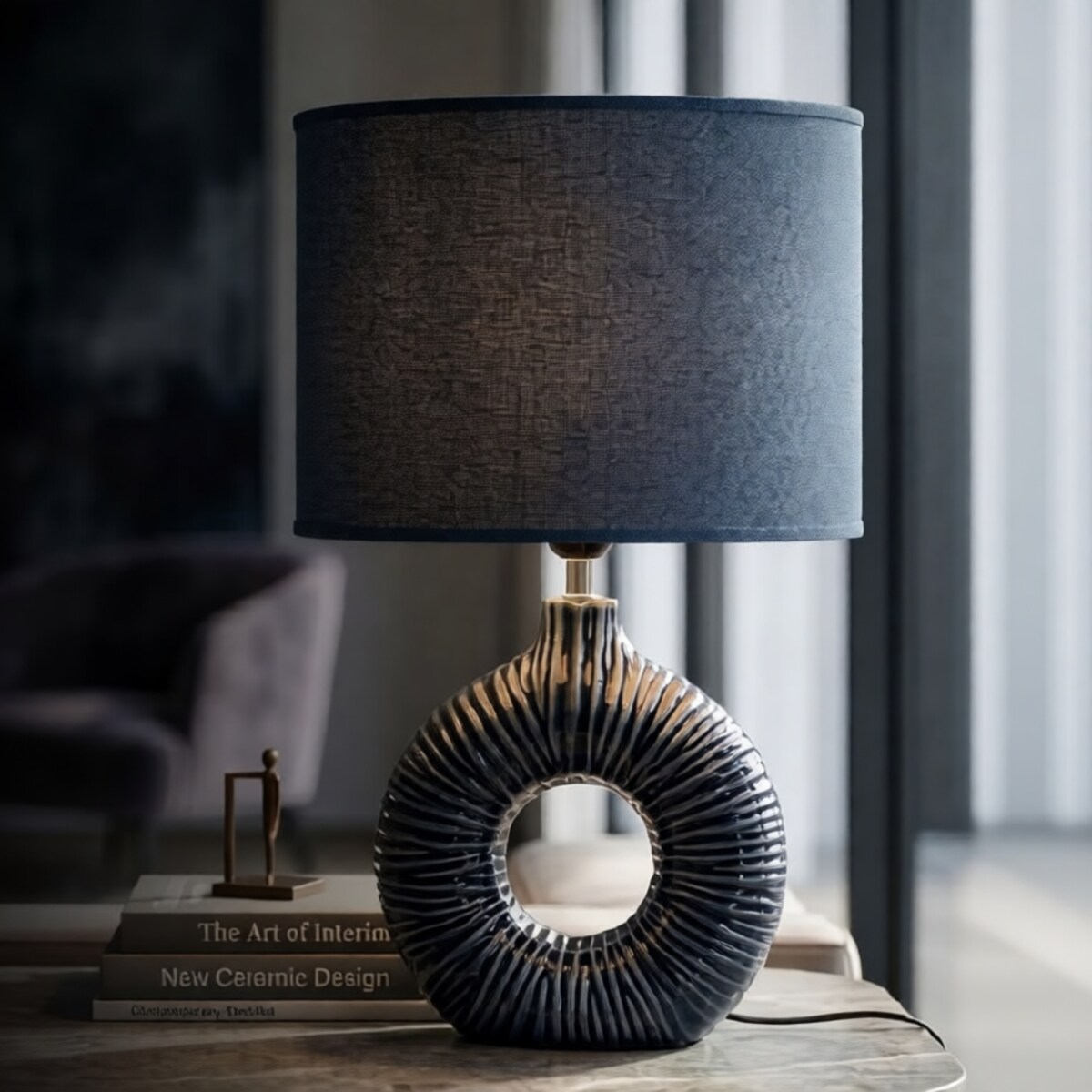 Lampa stołowa Seta, kolor niebieski, ceramika, żelazo i tkanina, 28,5 x 15 x 43 cm, 1 x E14, do salonu i sypialni, Mauro Ferretti