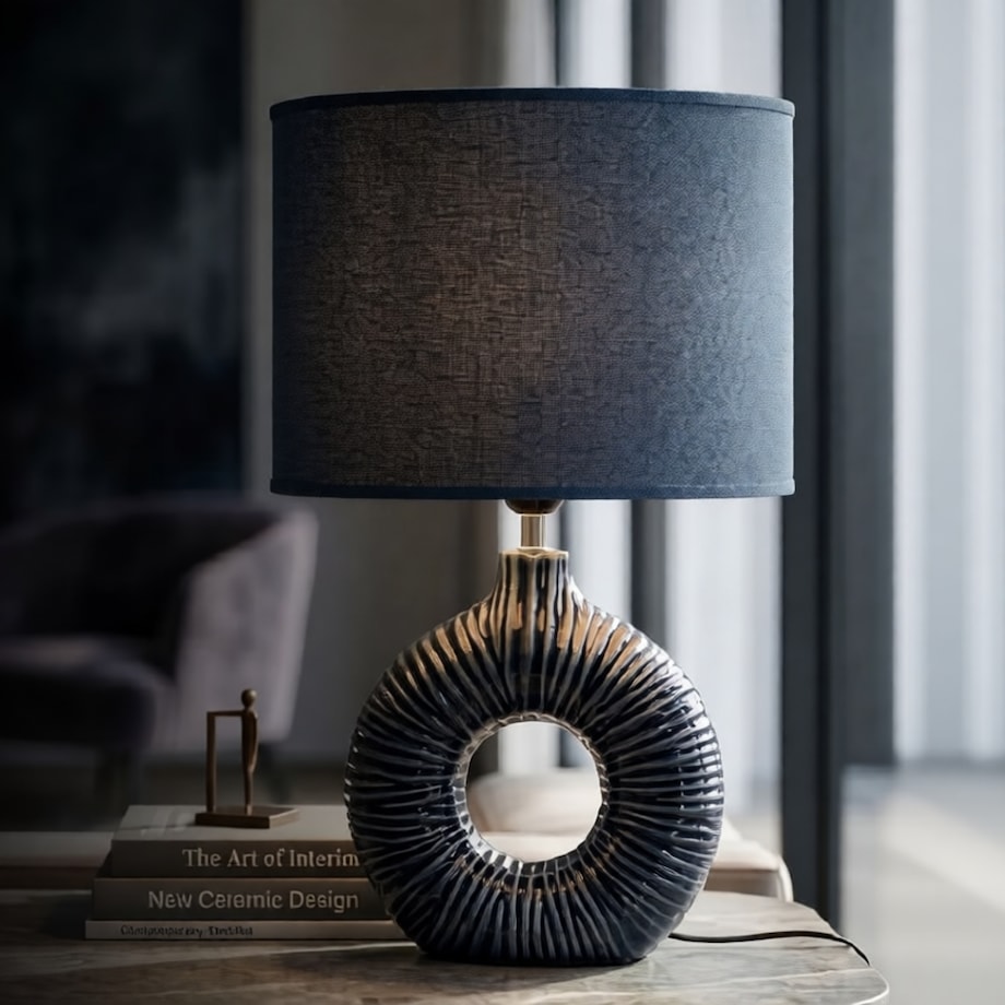 Lampa stołowa Seta, kolor niebieski, ceramika, żelazo i tkanina, 28,5 x 15 x 43 cm, 1 x E14, do salonu i sypialni, Mauro Ferretti