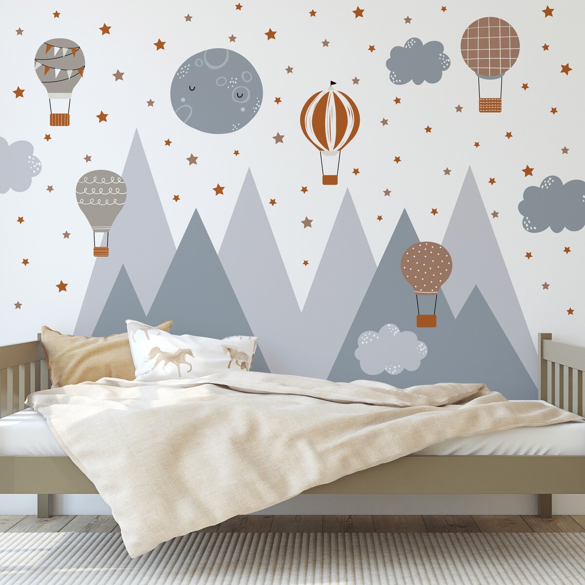 NAKLEJKI ŚCIENNE DLA DZIECI SZARE GÓRY GWIAZDKI CHMURY BALONY ZESTAW