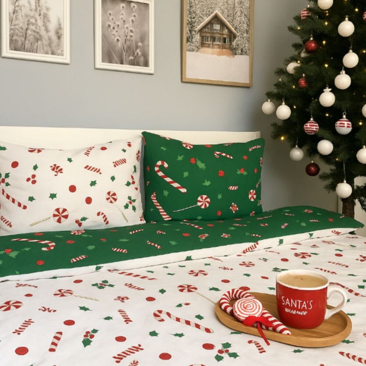 Dwustronna pościel bawełniana 200x220 - Świąteczna laski cukrowe