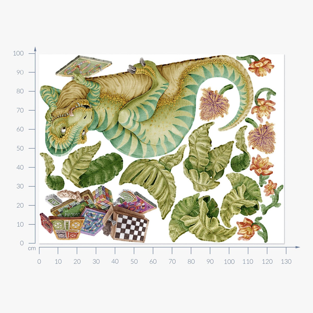 Zestaw naklejek na ścianę, Pastelowy Dinozaur z planszówką, 100cm