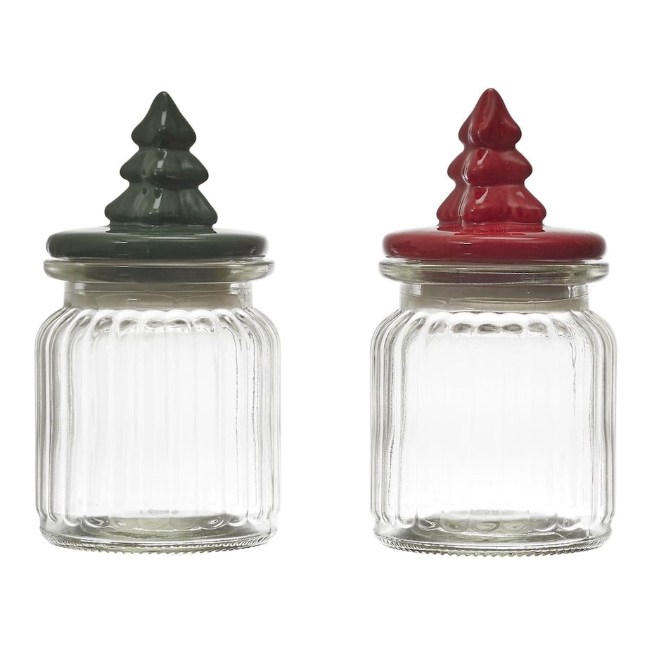 SŁOIK szklany Z POKRYWKĄ W KSZTAŁCIE CHOINKI czerwony