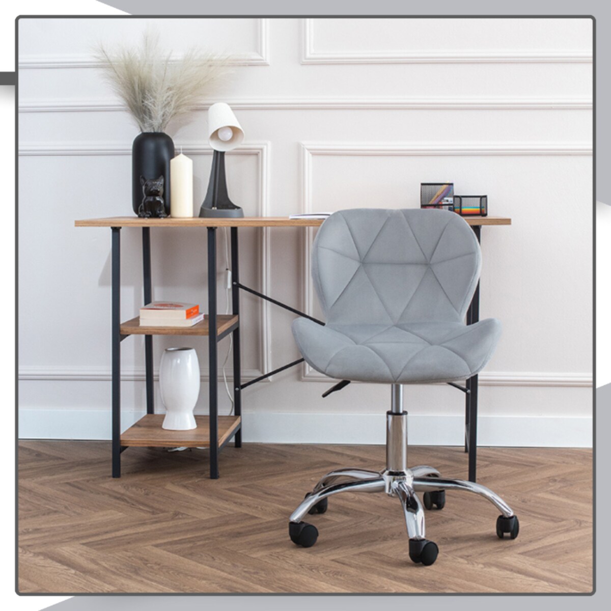 Krzesło biurowe fotel obrotowy welurowy szary pikowany