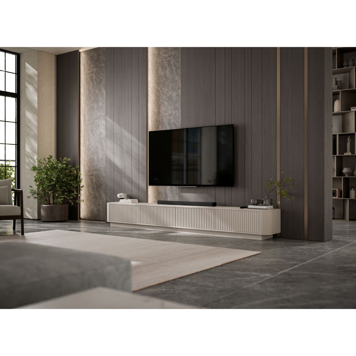 Szafka RTV Uniwersalna 280 cm Glamour Ryflowane Fronty Kaszmir Mat Nowoczesna Komoda RTV