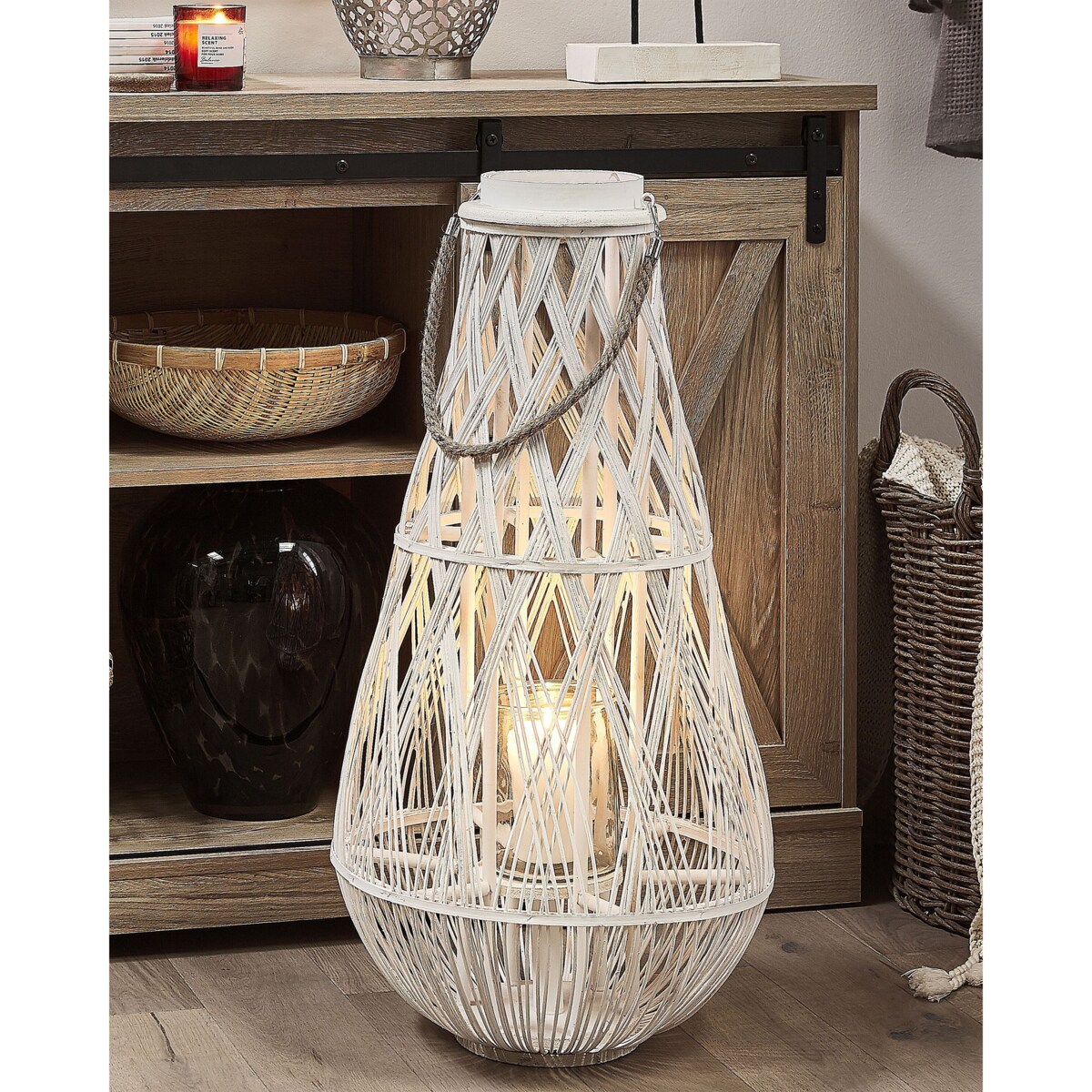 Lampion drewniany 77 cm biały TONGA