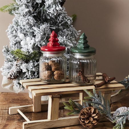 SŁOIK szklany Z POKRYWKĄ W KSZTAŁCIE CHOINKI czerwony