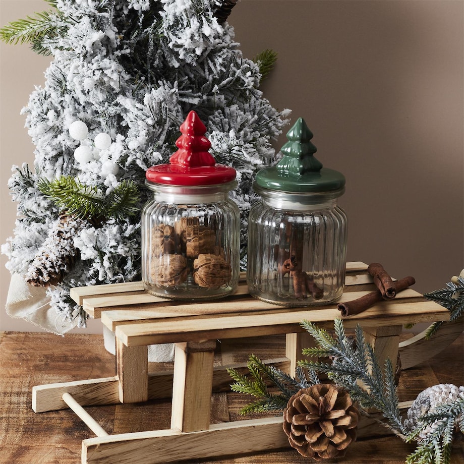 SŁOIK szklany Z POKRYWKĄ W KSZTAŁCIE CHOINKI czerwony