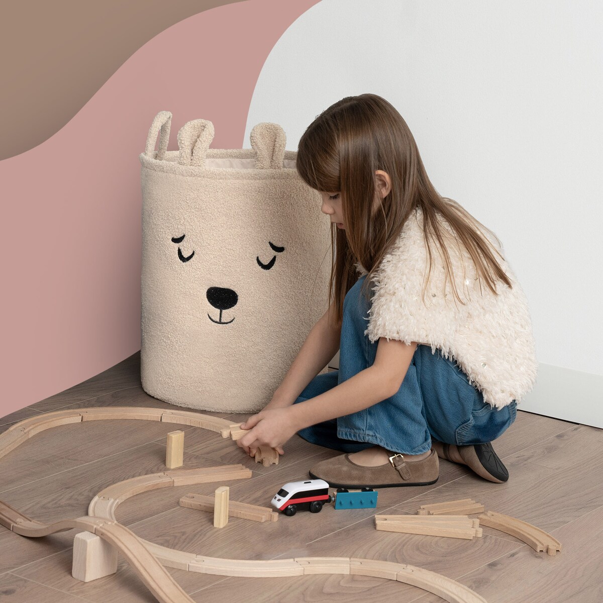 kosz na zabawki sipo, wersja premium boucle, zamykany na ściągacz, beżowy miś, xl