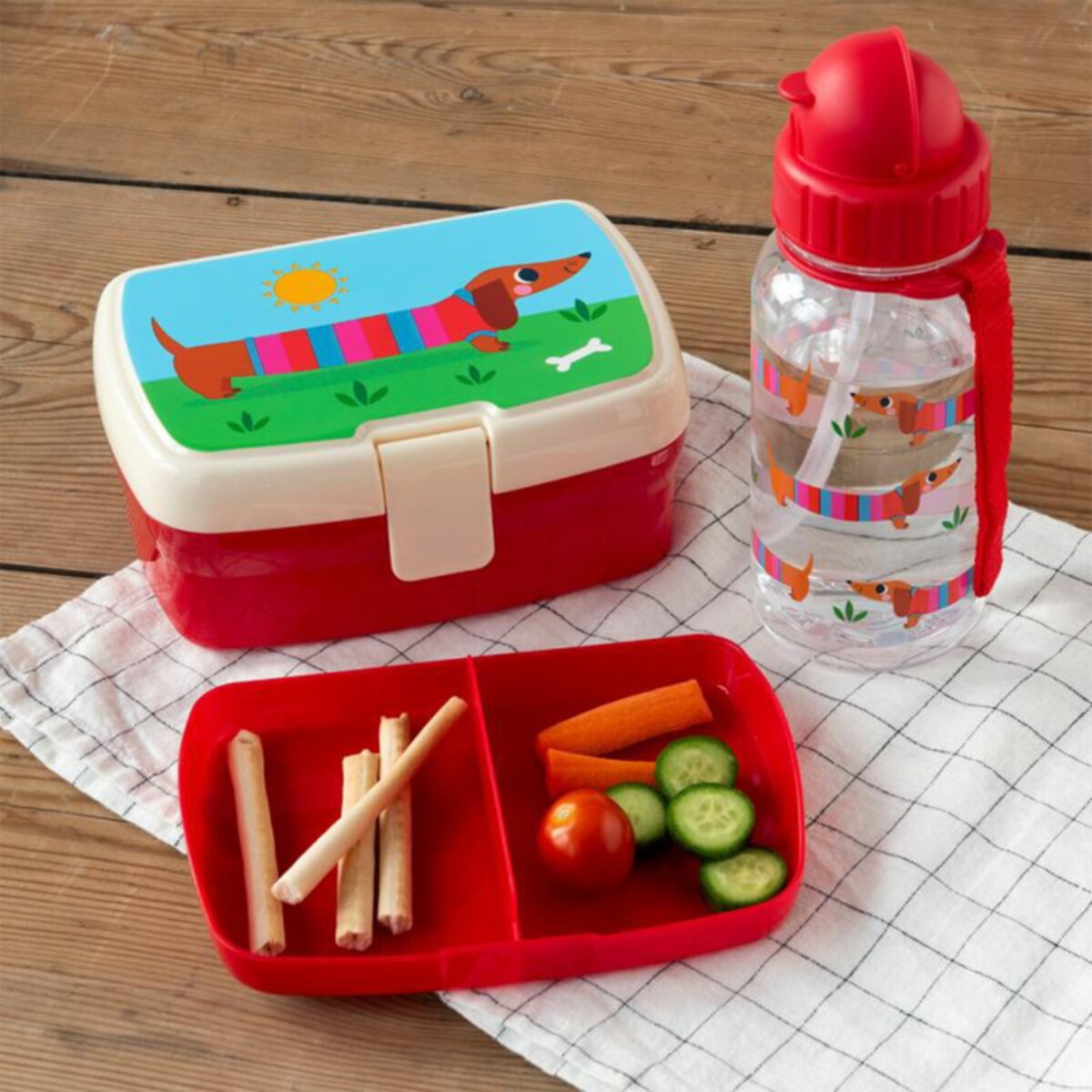 Zestaw do szkoły: bidon ze słomką 500 ml + Lunchbox z tacką Jamniki, Rex London