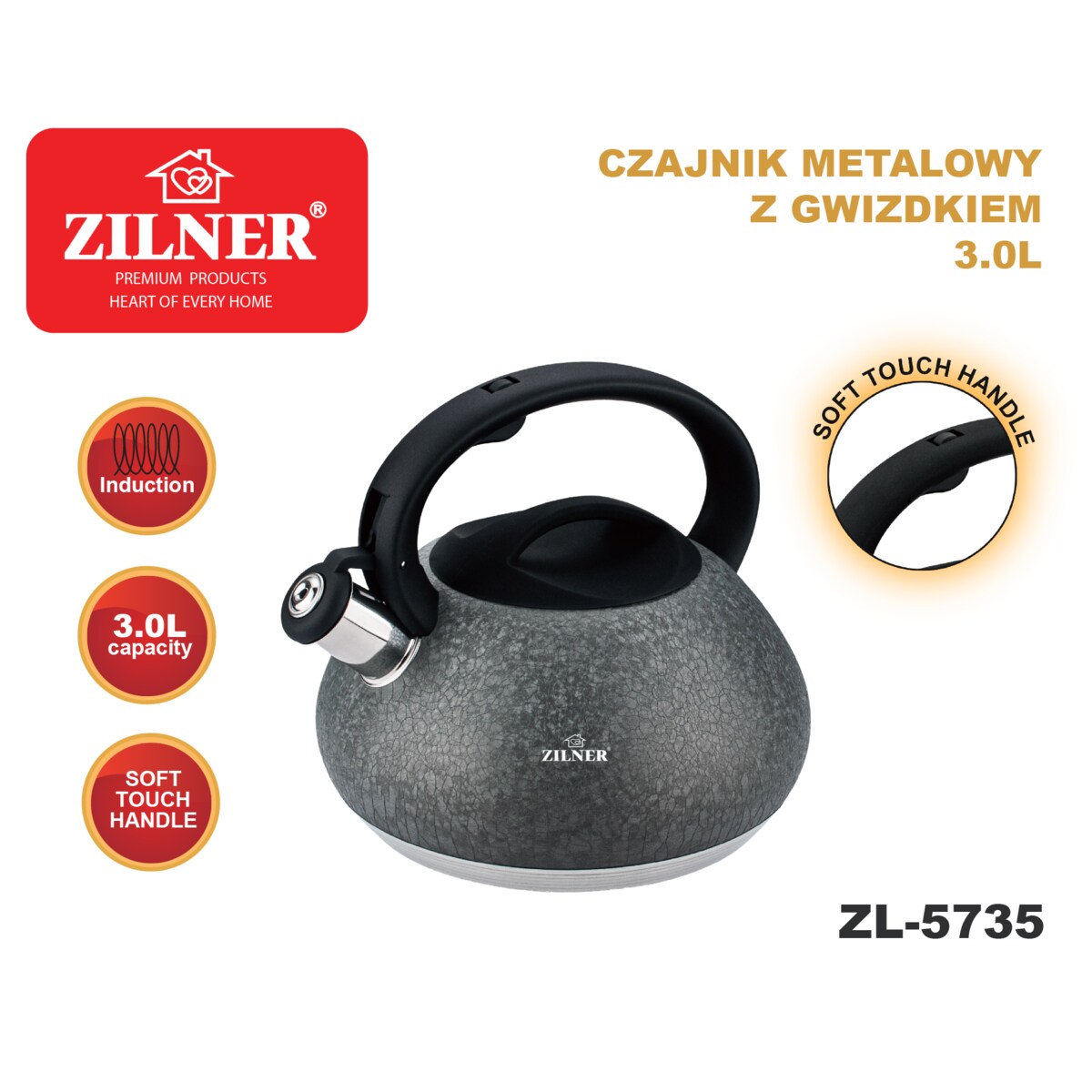 Czajnik na gaz 3L tradycyjny z gwizdkiem indukcja szary mat ZILNER
