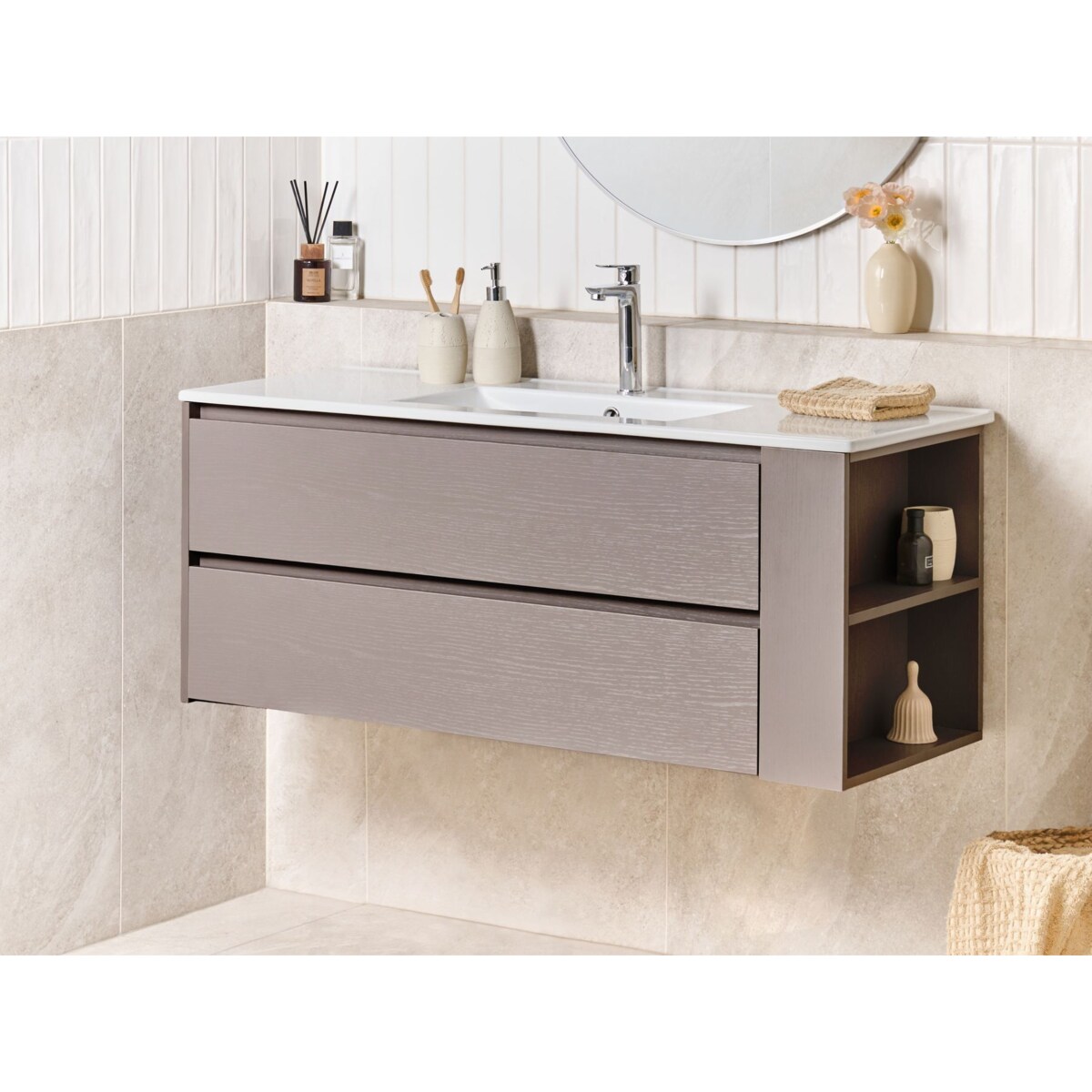 Szafka łazienkowa wisząca z umywalką MANCORA 120 cm Beżowoszary