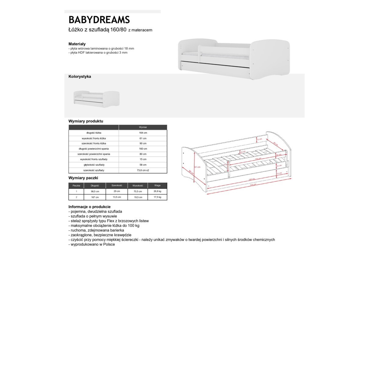Łóżko babydreams białe bez wzoru z szufladą materac 160/80