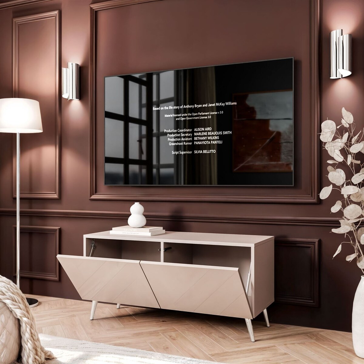 Szafka RTV COLGANTE 100 kaszmir wysoki połysk, oświetlenie LED, nóżki skośne srebrne