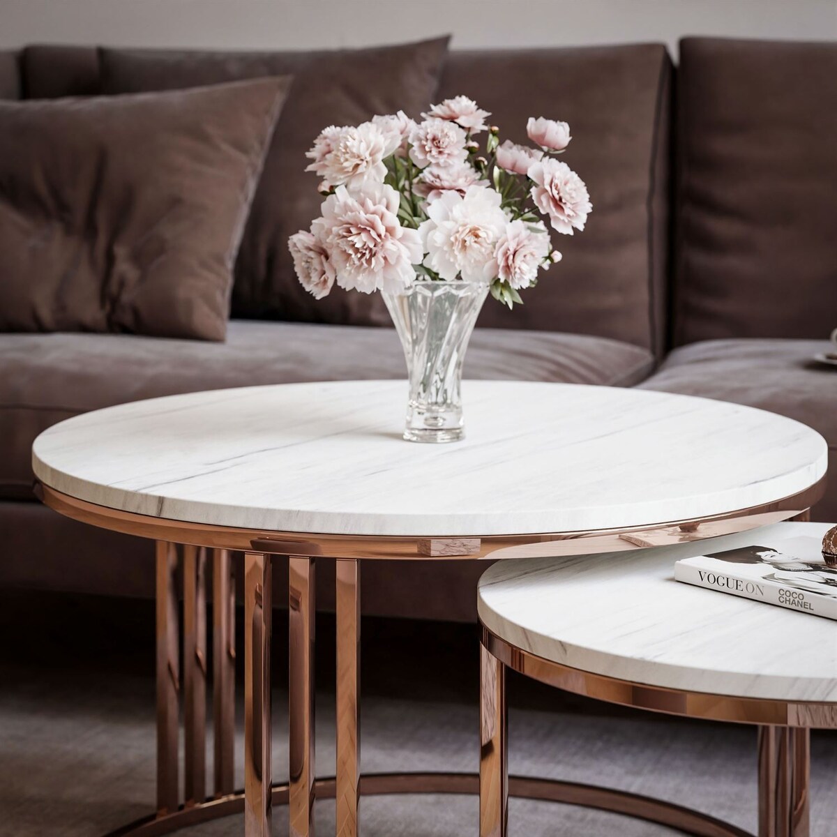 Zestaw stolików kawowych LORI 2w1 mat, miedziana podstawa, Marmur Levanto