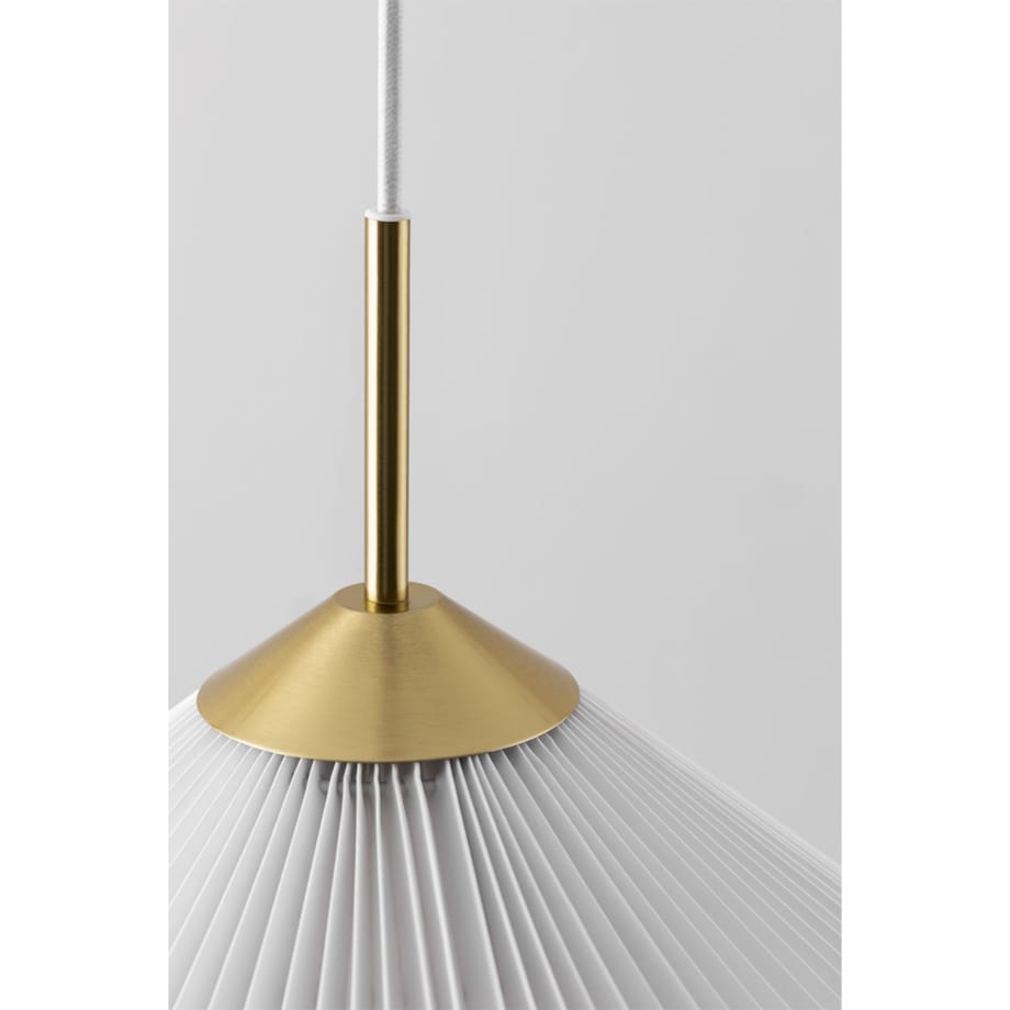 Lampa wisząca ze złotego metalu i tkaniny, biała Plisse Ø57,5 cm