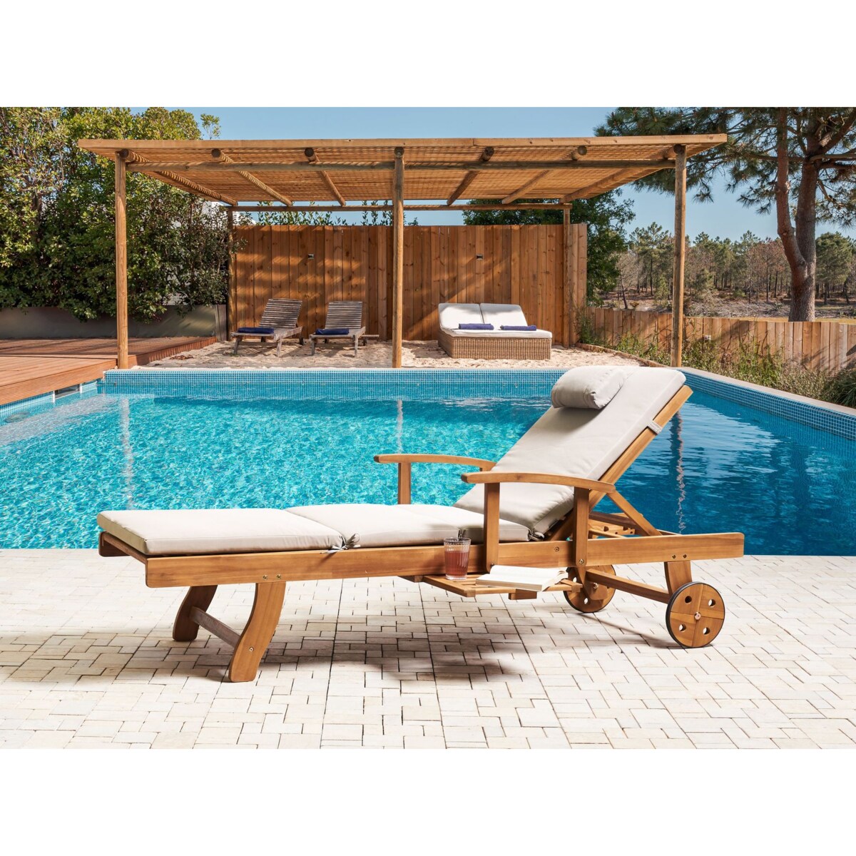 Leżak ogrodowy z poduszką JAVA PREMIUM Drewno akacjowe Jasnobeżowy