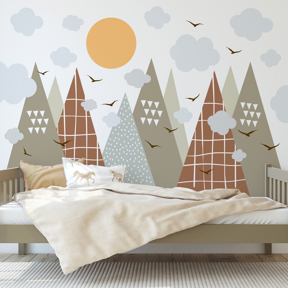 ZESTAW NAKLEJEK NA ŚCIANĘ DLA DZIECI BEŻOWE GÓRY STYL SKANDYNAWSKI