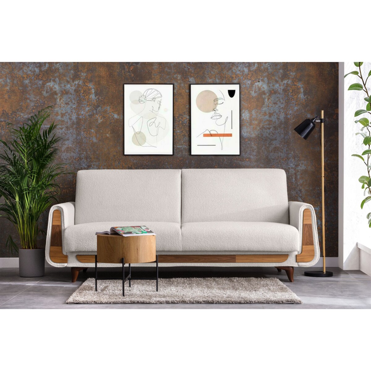 KONSIMO GUSTAVO Sofa trzyosobowa z białej tkaniny boucle