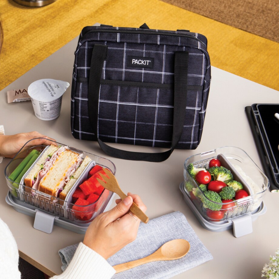 Torba termiczna na lunch z rączkami, czarna krata, PACKIT