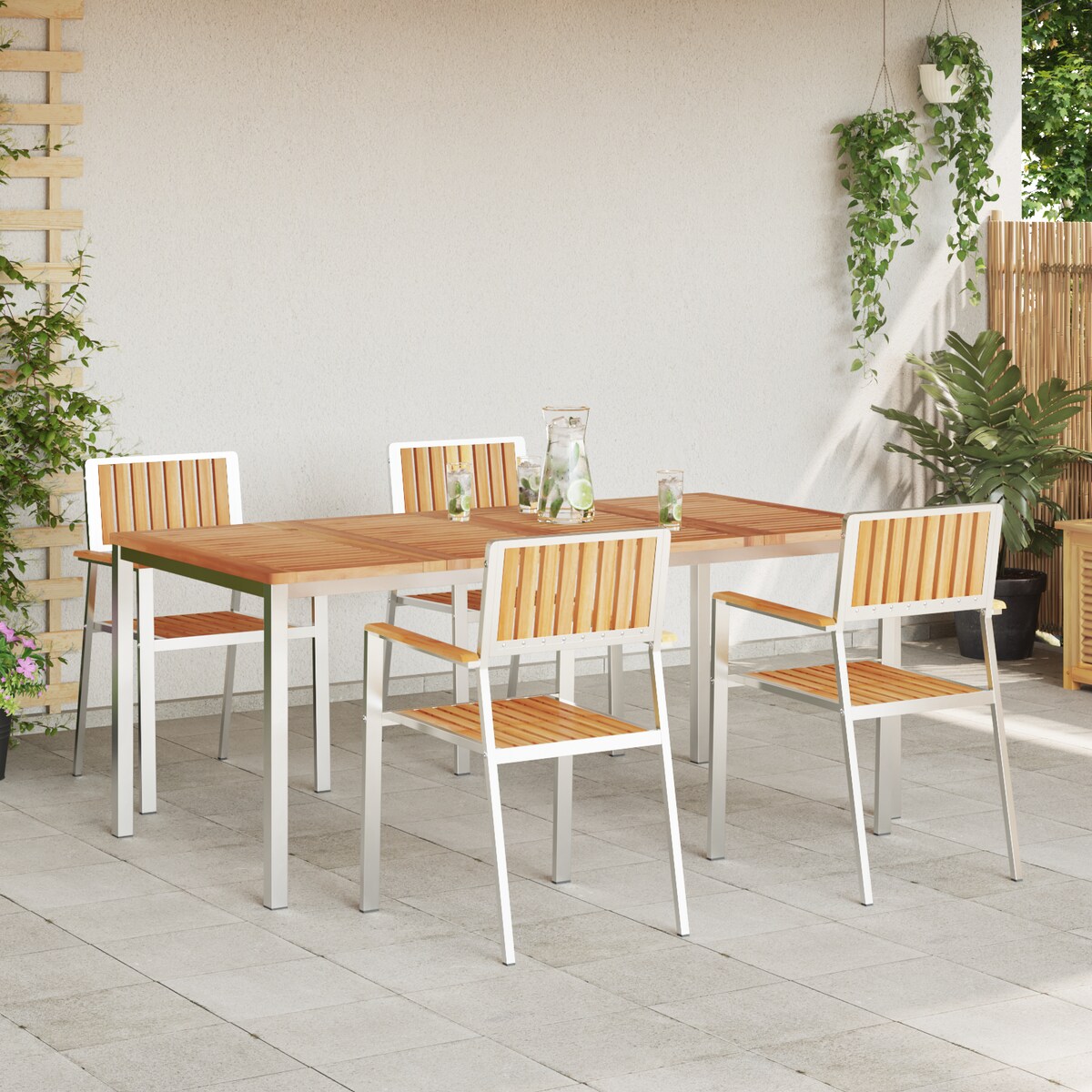 5-częściowy zestaw do jadalni ogrodowej vidaXL z litego drewna tekowego, Stół do jadalni vidaXL na świeżym powietrzu 180x90x75 cm z litego drewna tekowego, Zawiera 4 krzesła ogrodowe vidaXL z litego drewna tekowego i metalu