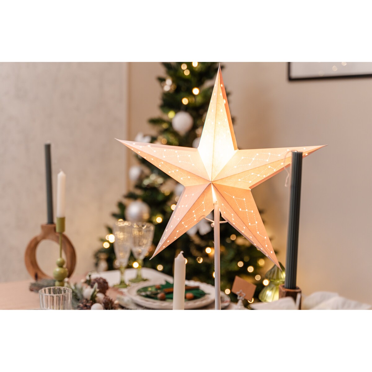 Dekoracyjna gwiazda świecąca z papieru, metalowy stojak, ø 36 cm, LED, kolor biały
