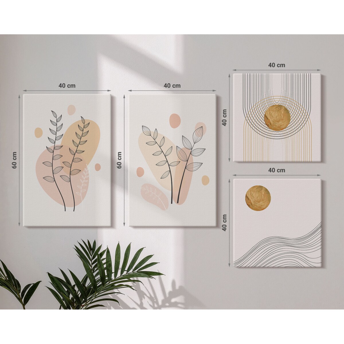 Zestaw 4 obrazów na płótnie - Minimalistyczne rysunki roślin - beżowy