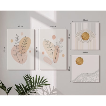 Zestaw 4 obrazów na płótnie - Minimalistyczne rysunki roślin - beżowy