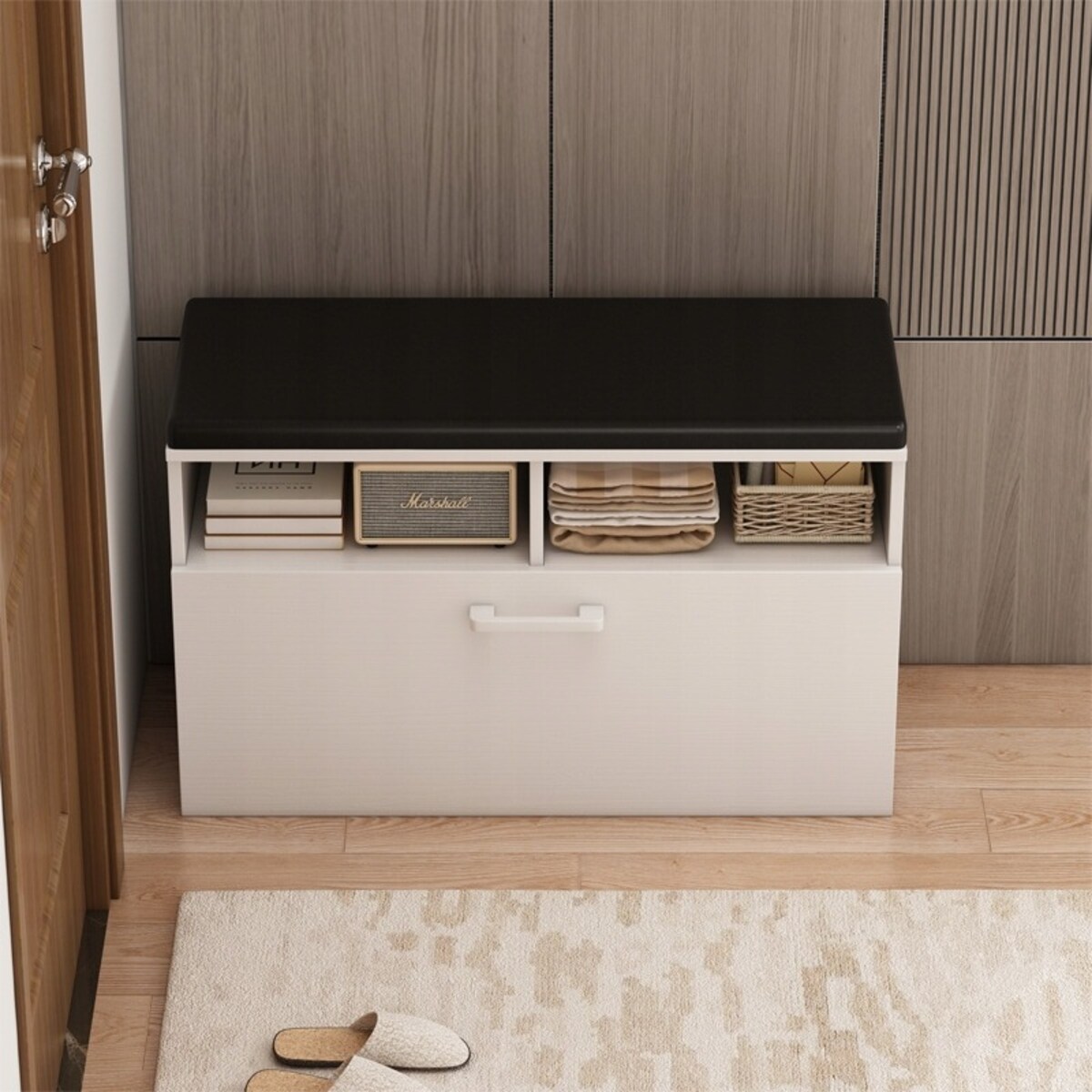 Szafka na buty biała z siedziskiem I schowkiem przedpokój 6 półek otwierana