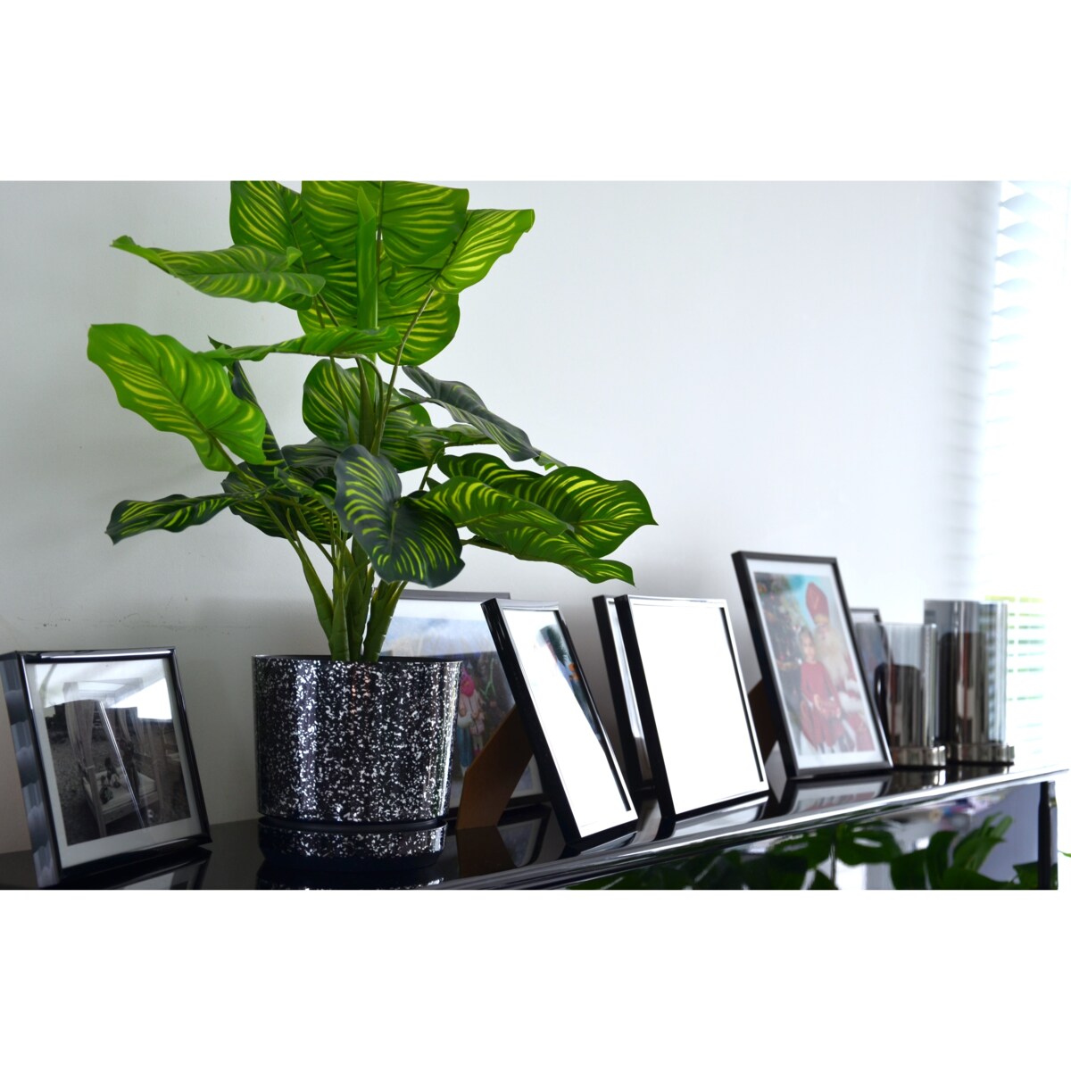 16 cm wzór CZARNY MARMUR Doniczka z podstawką piękne lustrzane drobinki srebrne elementy elegancka