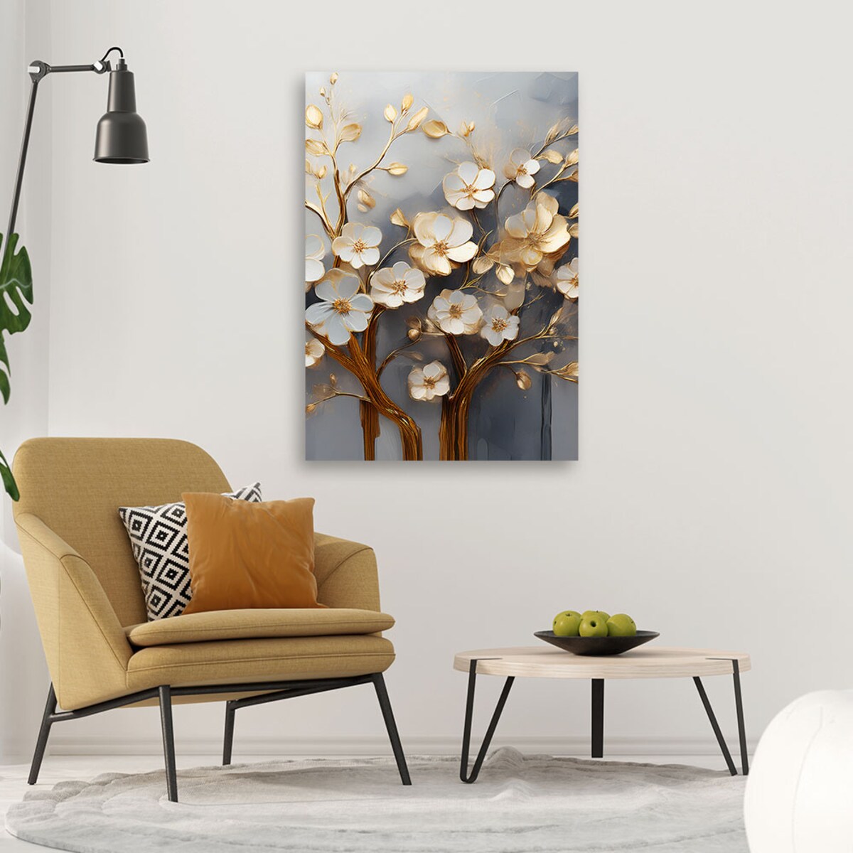 Obraz nowoczesny na ścianę do salonu Drzewo Kwiaty Abstrakcja Złoty 70x100