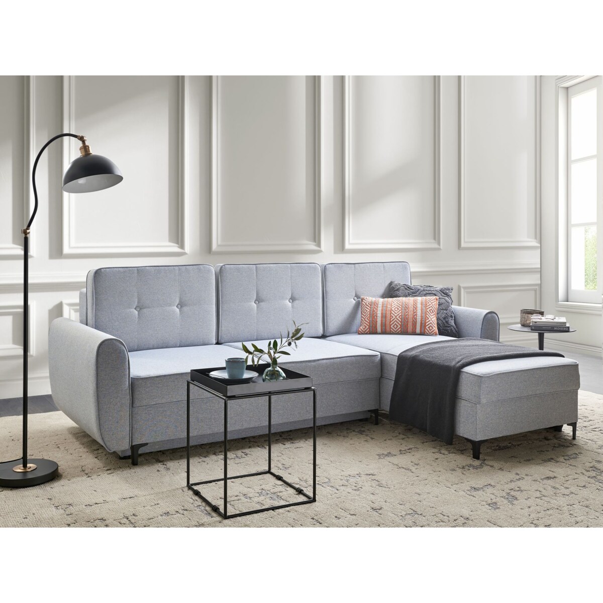 Narożnik rozkładany dla 3 osób SIMRIS Błękitny ze schowkiem Lewostronny