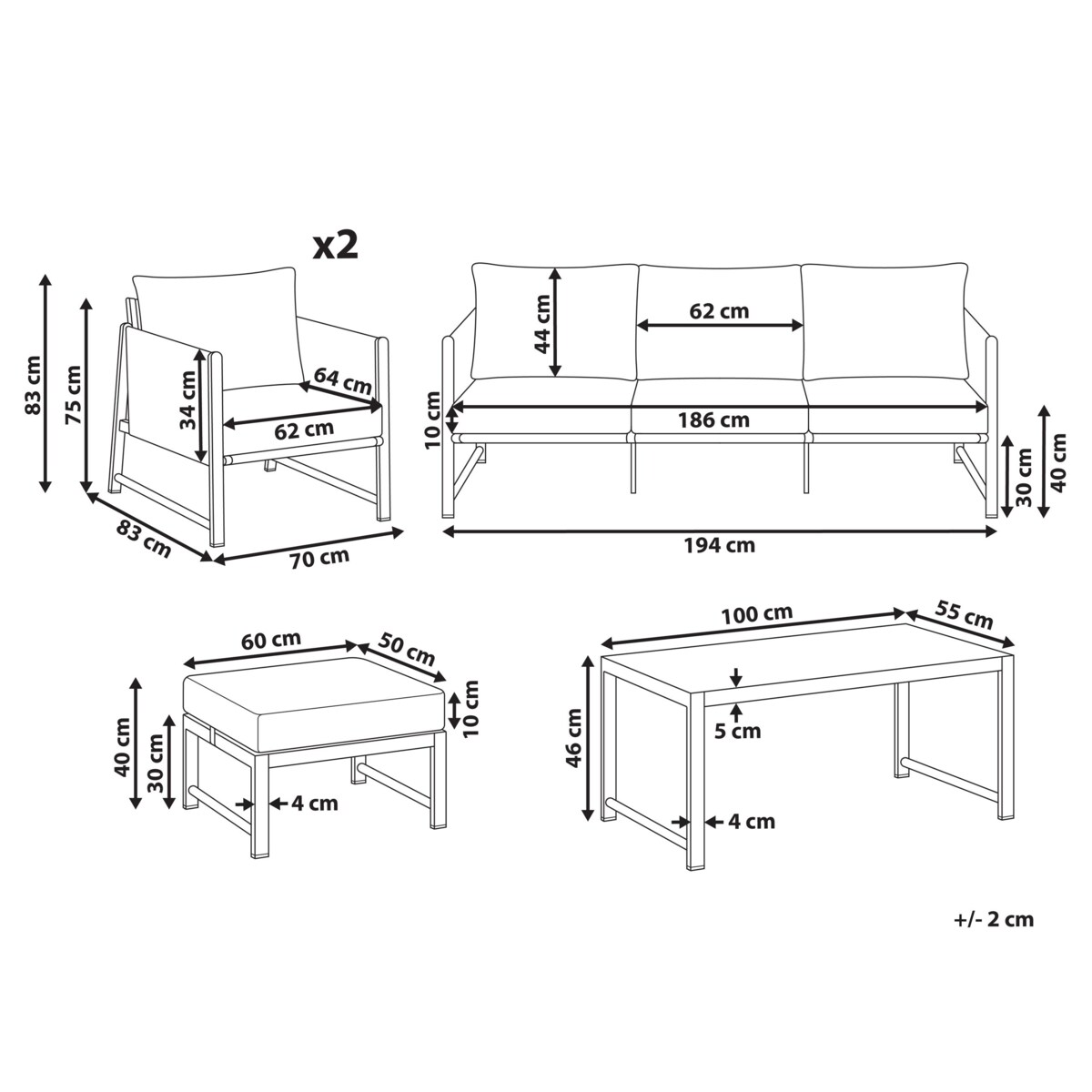 Zestaw ogrodowy ze stolikiem i otomaną dla 5 osób NOLA Metal Szary