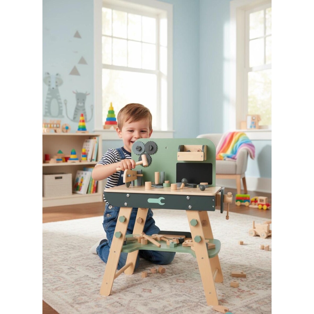 Drewniany warsztat dla dzieci z narzędziami – zestaw majsterkowicza Montessori 3+ z imadłem i akcesoriami