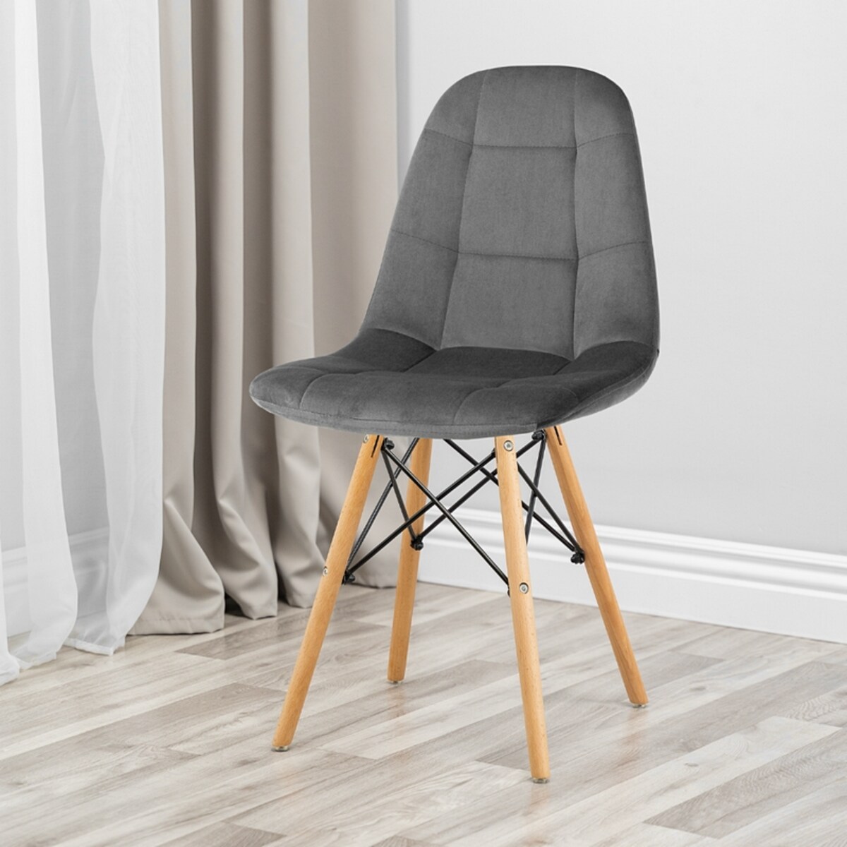 Krzesło tapicerowane do salonu welurowe skandynawskie szare