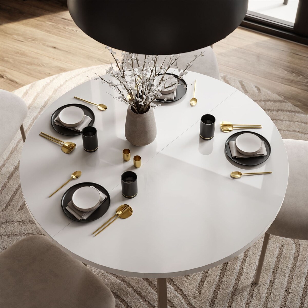 Okrągły stół rozkładany VOLTA GLOSS, nogi kaszmir, blat biały