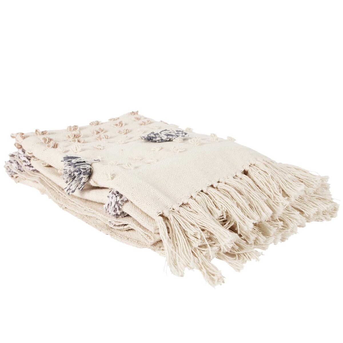 Koc boho Tuffo kremowy z frędzlami na kanapę do salonu ciepły i miękki 150x125 cm