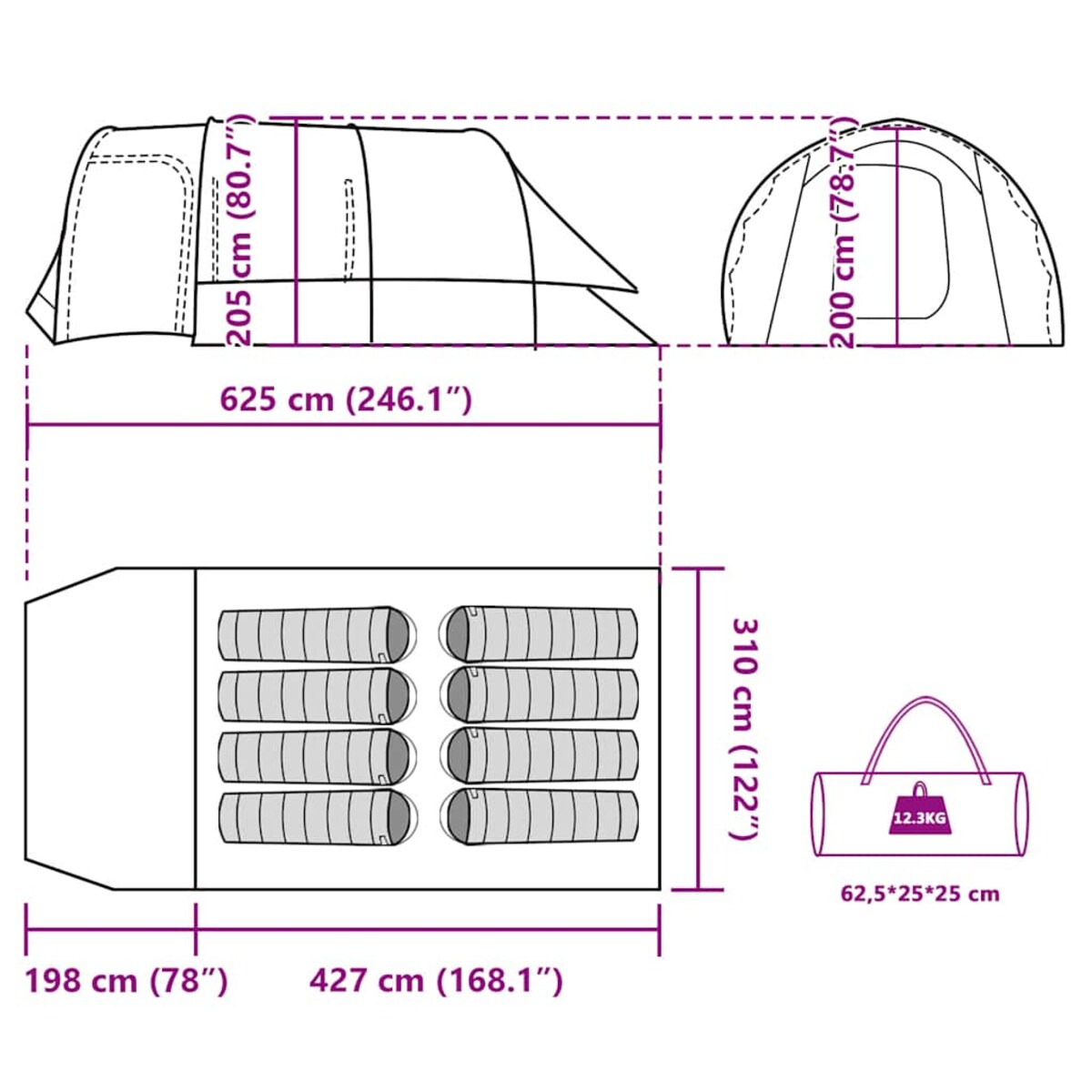 vidaXL Namiot rodzinny, 8-os., tunelowy, szary, wodoszczelny